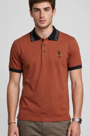 A-Vogue Men's Contrast Collar Polo Shirt - Rust Brown
