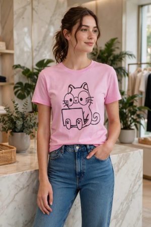 Cute Pink Cat Graphic T-Shirt for Girls - Kawaii Cat Lover Tee | Soft Cotton Top