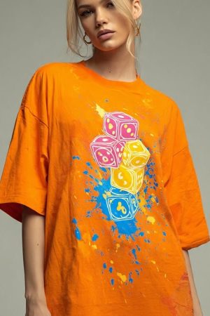 Excl Dice Stack Graphic T-Shirt - Orange - Oversized Unisex