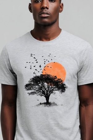 Excl Sunset Tree Graphic T-Shirt For Men - Light Grey