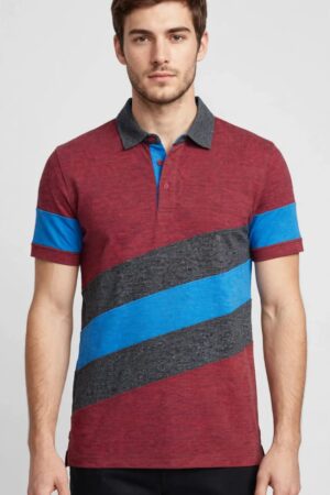 Men's Color-Block Diagonal Stripe Polo Shirt - Maroon / Royal Blue / Charcoal