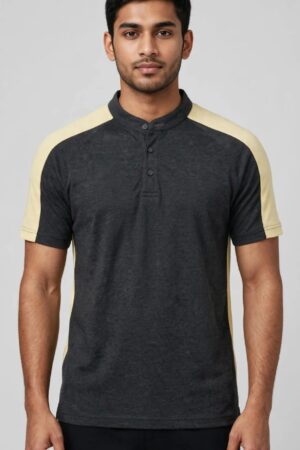 Men's Contrast Raglan Henley Polo - Charcoal & Beige