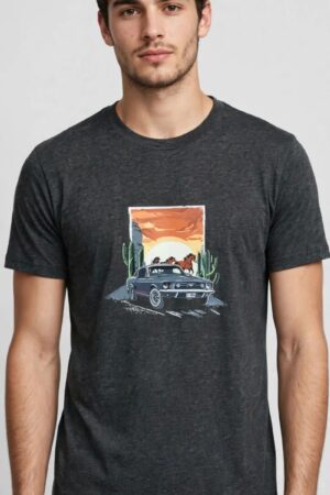 Mustang Desert Sunset - Vintage Car & Wild Horse Graphic T-Shirt