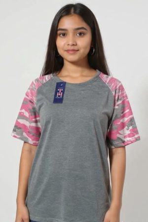 Women's Casual Raglan T-Shirt - Grey with Pink Camo Print