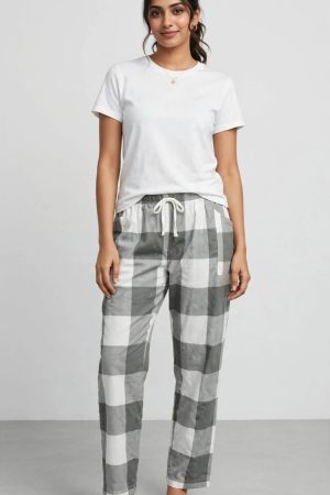 Women's Cotton Relaxed Lounge Trouser - Grey & White Buffalo Check with 2 Pockets