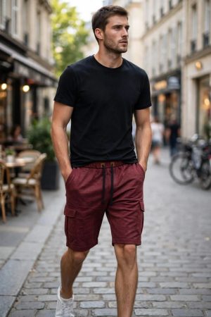 ZARAMAN Men Washed Cargo Bermuda Shorts - Burgundy Maroon