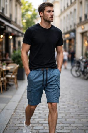 ZARAMAN Men Washed Cargo Shorts - Vintage Blue | Relaxed Fit Drawstring Bermuda Shorts